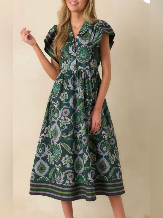 entro Dresses & Skirts - Entro Multi Print Cotton Midi Dress L Green Paisley Flutter Sleeve d27331